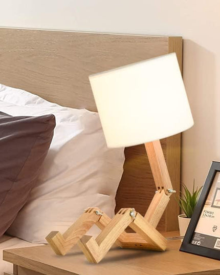 ELINKUME Robot Desk Lamp Set of 2, Creative Bedside Lamp for Bedroom,Wooden Lamp Body Adjustable,DIY E26 Living Room Table Lamps with Fabric Shade,Modern Indoor Decorative Lighting - LeafyLoom