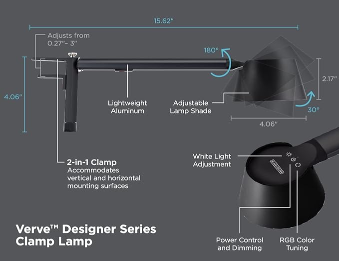 BLACK+DECKER Verve Designer LED Clamp Light, Fits Shelves, Cubicles & Headboards, True White LED + 16M RGB Colors - LeafyLoom