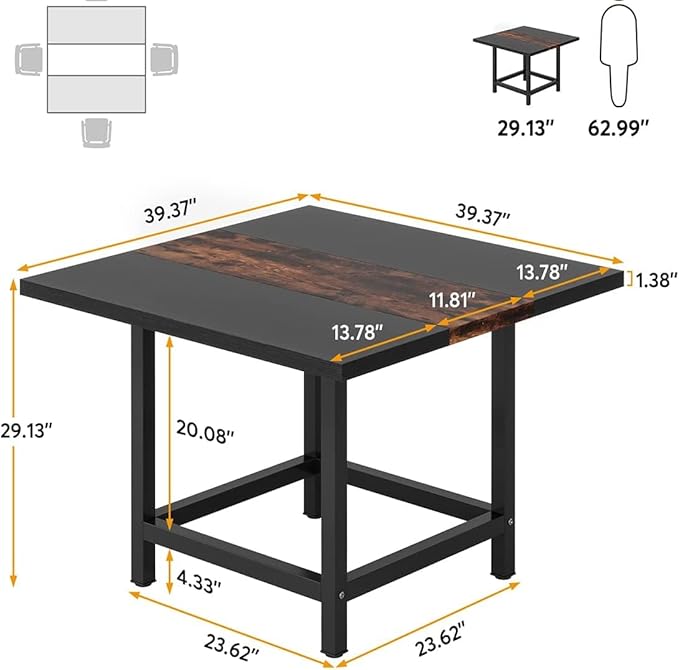 39.4"x 39.4"x29.5 “ inches Rustic Wooden Square Dining Kitchen Table for Small Space - LeafyLoom