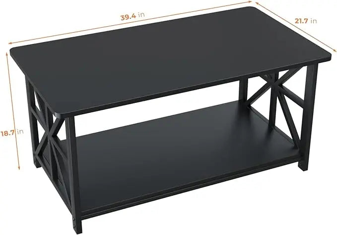 GreenForest Coffee Table with Round Corner, Farmhouse Center Table with 2-Tier Storage Shelf X-Frame Design for Living Room, 39 inch Black - LeafyLoom