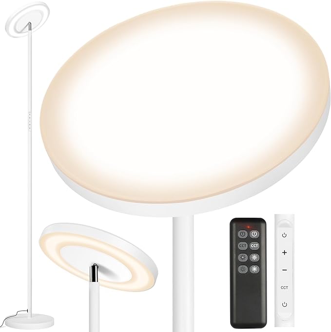 OUTON LED Torchiere Floor Lamp, Super Bright Dimmable Tall Standing Lamp with Remote Touch Control, 4 Color Temperatures, 1-Hour Timer for Living Room, Bedroom, Office (Matte White) - LeafyLoom