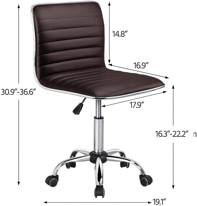 Yaheetech Task Chair Armless Office Chair PU Leather Ribbed Modern Desk Chair Adjustable Low-Back Swivel Chair w/Rolling Wheels Comfy Working Chair Makeup Chair, Brown - LeafyLoom