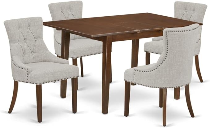 East West Furniture Picasso 5 Piece Kitchen Set for 4 Includes a Rectangle Dining Table with Butterfly Leaf and 4 Doeskin Linen Fabric Parson Chairs, 32x60 Inch, Mahogany - LeafyLoom