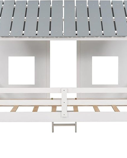 Twin Size Low Loft House Bed with Roof and Two Front Windows, Perfect for Kids Bedroom,Space Saving Design & No Box Spring Needed,80.4"x45.2"x71.4", White - LeafyLoom