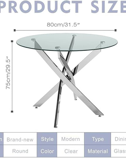 Round Tempered Glass Dining Table for 2-4 with Chromed Legs, 31.5 Inch Modern Small Kitchen Table Dining Room Table for Kitchen Dining Room (White/Silver) - LeafyLoom