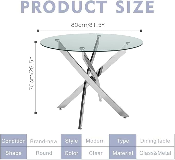 Round Tempered Glass Dining Table for 2-4 with Chromed Legs, 31.5 Inch Modern Small Kitchen Table Dining Room Table for Kitchen Dining Room (White/Silver) - LeafyLoom