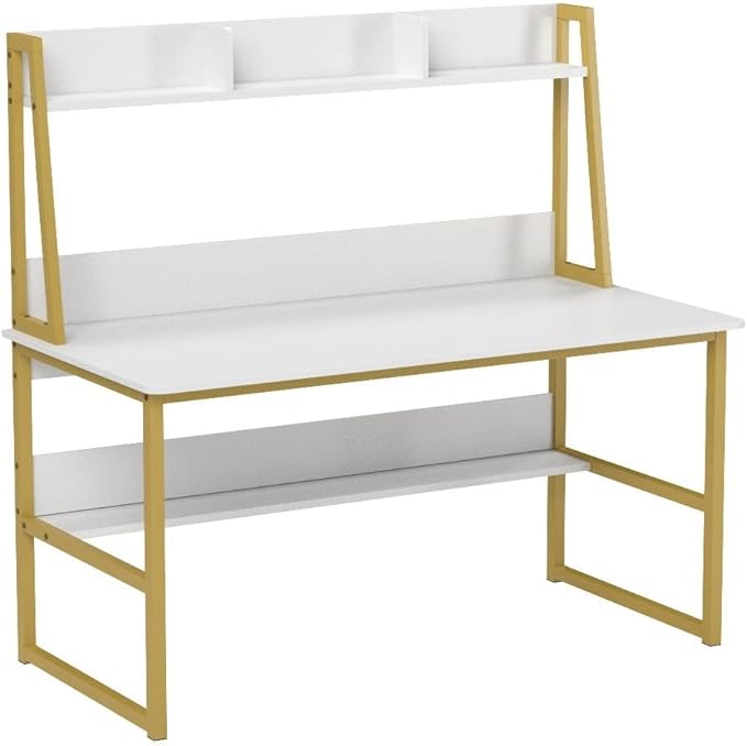 Tribesigns Computer Desk with Hutch, 47 inches Home Office Desk with Space Saving Design with Bookshelf for Small Spaces (White &gold, 47) - LeafyLoom