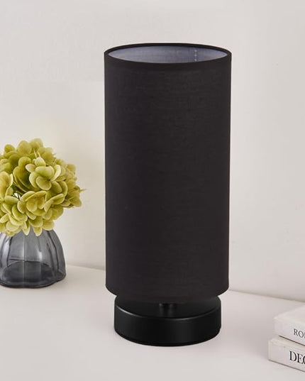 Table Lamp, Bedside Nightstand Lamp, Simple Desk Lamp, Cylinder Table Lamp for Bedroom Living Room Office Study, Black Shade and Silver Base - LeafyLoom