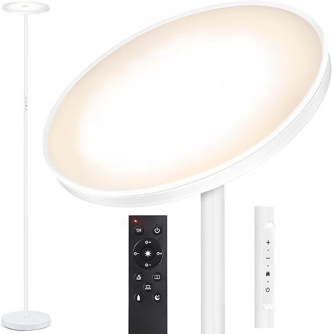 OUTON Floor Lamp, 30W/3000LM LED Modern Torchiere Sky Lamp, Bright Dimmable Standing Tall Lamp with 4 Color Temperatures, Remote Touch Control, 1 Hour Timer for Living Room Bedroom Office, White - LeafyLoom