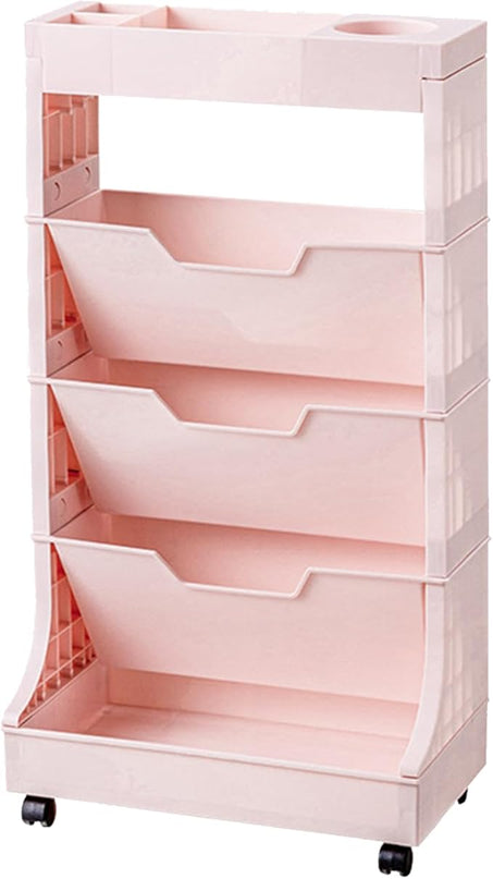 5-Tier Bookshelf, Book Storage Organization with Wheels Mobile Rolling Book Cart for Study in Bedroom School Office, Pink - LeafyLoom