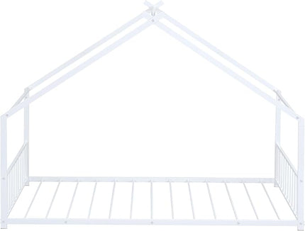 RITSU Twin Size Montessori Floor House Bed, Bedframe with Metal Slat & with Headboard and Footboard, Sturdy Construction, for Children's Room, Girls, Boys, White - LeafyLoom