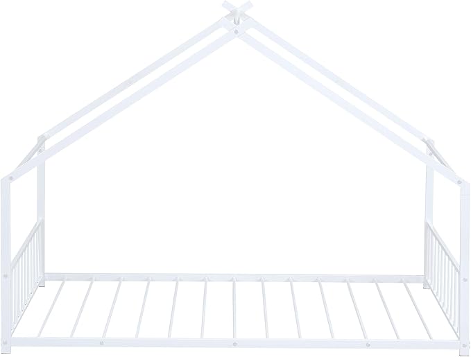 RITSU Twin Size Montessori Floor House Bed, Bedframe with Metal Slat & with Headboard and Footboard, Sturdy Construction, for Children's Room, Girls, Boys, White - LeafyLoom