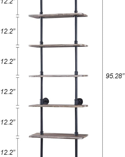 HOMBAZAAR Industrial Bookshelf, 7-Tier Industrial Pipe Bookshelf, Wall Mounted Ladder Shelves with Metal Frame for Home Office, Living Room, Oak Brown - LeafyLoom