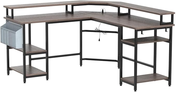 Aheaplus L Shaped Gaming Desk with Power Outlets & LED Lights, L- Shaped Desk Computer Corner Desk with Monitor Stand and Storage Shelf, Home Office Desk Writing Desk with Storage Bag, Espresso - LeafyLoom