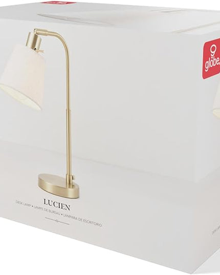 Globe Electric 61000057 16" Desk Lamp, Matte Brass Finish, White Linen Shade, Pivot Joint, On/Off Rotary Switch on Socket, E26 Base Bulb, Lamp for Living Room, Home Office, Home Improvement - LeafyLoom