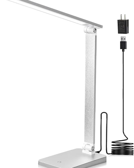 LED Desk Lamp for Home Office, 3 Levels Dimmable Desk Light with USB Charging Port, Small Study Lamp, Reading Light for Table, Sliver, 5000K - LeafyLoom