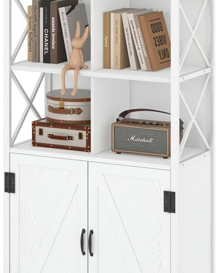FATORRI Bookshelf with Doors, Modern Tall Bookshelf with Cabinet, Wood Book Shelf and Farmhouse Organizer Storage BookCase for Living Room (White Oak) - LeafyLoom