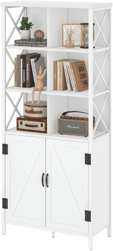 FATORRI Bookshelf with Doors, Modern Tall Bookshelf with Cabinet, Wood Book Shelf and Farmhouse Organizer Storage BookCase for Living Room (White Oak) - LeafyLoom