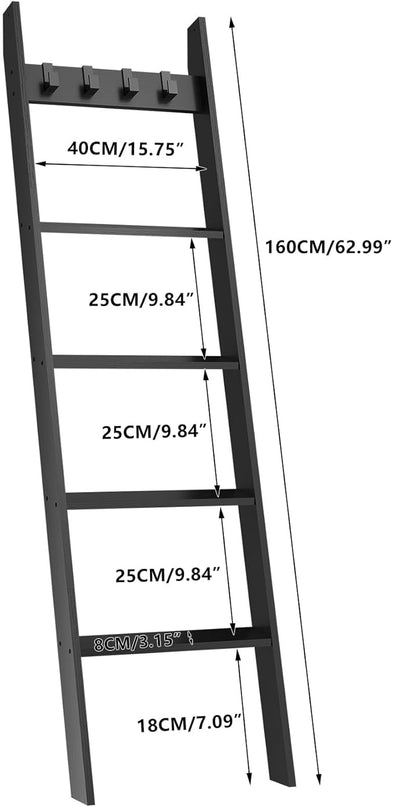 IBUYKE 5-Tier Blanket Ladder Shelf,Ladder Rack for Storage and Decor,Wooden Blanket Holder with Hooks,Easy Assembly for Bedroom,Rustic Brown TTR006B - LeafyLoom