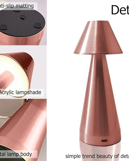 Portable Metal Desk Lamp, Cordless Metal LED Table Lamp,3 Color Touch Control Rechargeable Lamp,3-Levels Brightness Room Decor Desk Lamp,Bedside Lamp,Dining Room Lamp (Rose Gold) - LeafyLoom