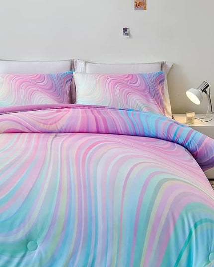 Girls Pink Comforter King,Pink Bedding Set for Girls,Tie Dye Comforter Set,Kids Comforter Set for Girls,Blue Pink Teen Comforter King with 2 Pink Pillowcases,Rainbow Comforter Set - LeafyLoom