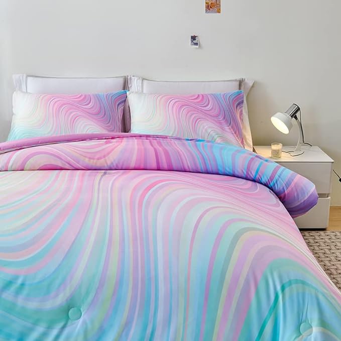 tie dye Queen Comforter Set,Queen Comforter Set for Girls,Pink Comforter Set for Kids Teens,Kids Queen Bedding Set for Girls,Colorful Rainbow Bedding Set for Girls - LeafyLoom
