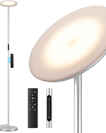 Modern LED Floor Lamp - Remote & Touch Control, 40W/2400LM Sky Torchiere Standing Lamp, Fully Dimmable, 3 Color Temperatures, Ideal for Living Room & Bedroom, Easy to Assemble(Sliver) - LeafyLoom