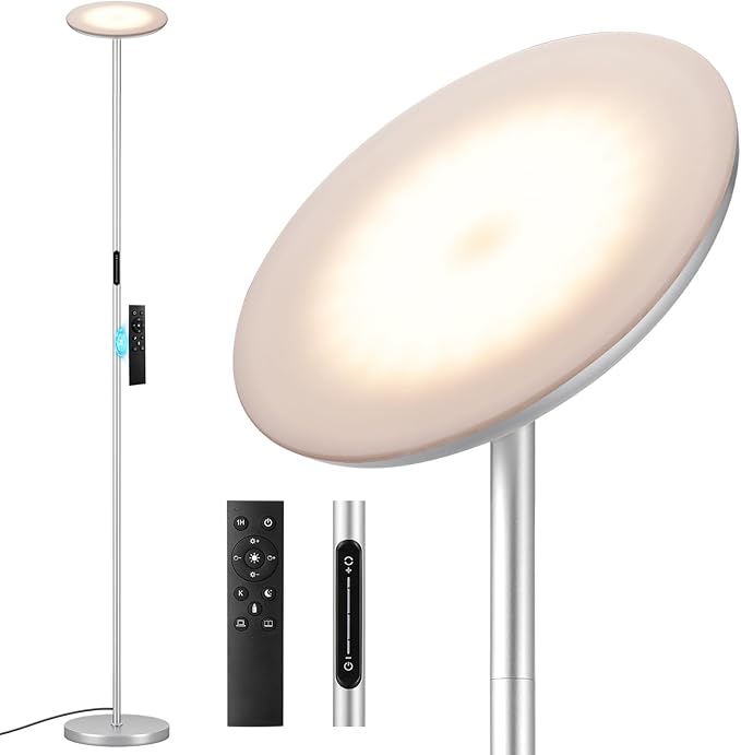 Modern LED Floor Lamp - Remote & Touch Control, 40W/2400LM Sky Torchiere Standing Lamp, Fully Dimmable, 3 Color Temperatures, Ideal for Living Room & Bedroom, Easy to Assemble(Sliver) - LeafyLoom