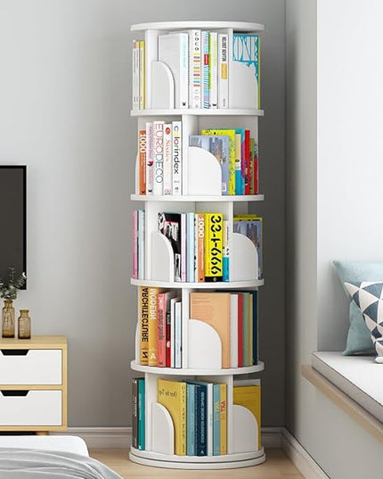 Rotating Bookshelf Tower, 360 Display 5 Tier Floor Standing Bookcase Storage Rack for Kids&Adults, Corner Bookshelf for Small Space, Book Shelf Rotating Bookcase for Bedroom, Living Room, Study - LeafyLoom