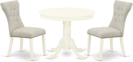 East West Furniture ANGA3-LWH-35 3 Piece Room Furniture Set Contains a Round Dining Table with Pedestal and 2 Doeskin Fabric Upholstered Chairs, Linen White - LeafyLoom