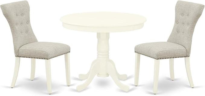 East West Furniture ANGA3-LWH-35 3 Piece Room Furniture Set Contains a Round Dining Table with Pedestal and 2 Doeskin Fabric Upholstered Chairs, Linen White - LeafyLoom