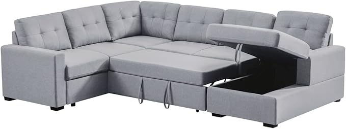 LOVMOR Living Room U Shape Large Sectional Sofa with Pull Out Sleeper Bed, Storage Chaise, Corner Couch with Arms and 2 Cup Holder for Home Furniture, Apartment, Dorm, Light Gray, 90 Inch - LeafyLoom