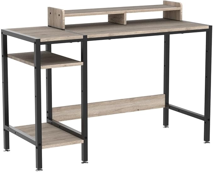 Computer Desk - 47” Gaming Desk, Home Office Desk with Storage, Small Desk with Monitor Stand, Writing Desk for 2 Monitors, Adjustable Storage Space, Modern Design Corner Table, Gray - LeafyLoom