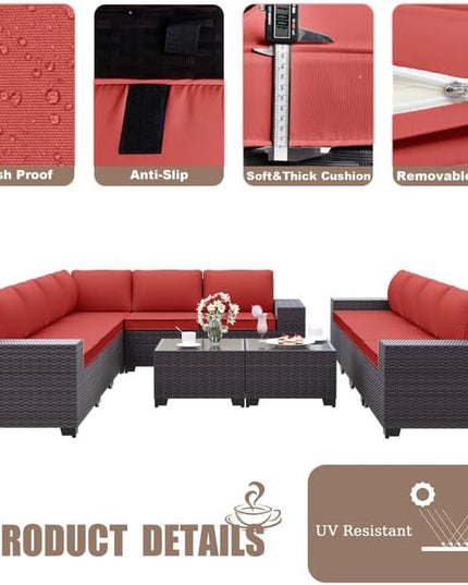 Patio Furniture Set Sofa 12-Pieces Wicker Sectional Sofa Set, Outdoor Furniture Rattan Patio Conversation Set with Thickened Cushions and Glass Coffee Tables, Red - LeafyLoom