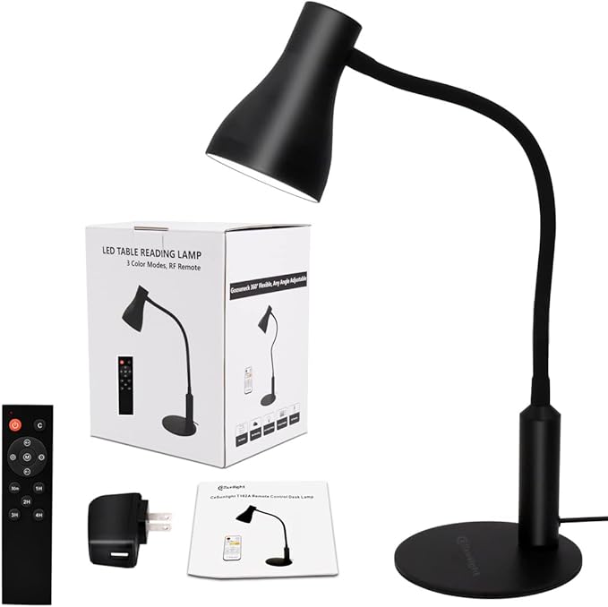 LED Desk Lamp, 3 Lighting Modes and 6 Brightness Levels, 10W Flexible Gooseneck Table Lamp for Living Room and Study, Remote Control with Timing Function, AC Adapter Included (Black) - LeafyLoom