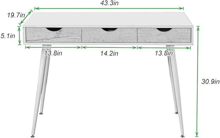 soges Mid Century Desk with Drawers, 3-Drawer Writing Study Desk, 43.3 inches Home Office Computer Desk for Small Space, Multifunctional Vanity Table Desk, White - LeafyLoom
