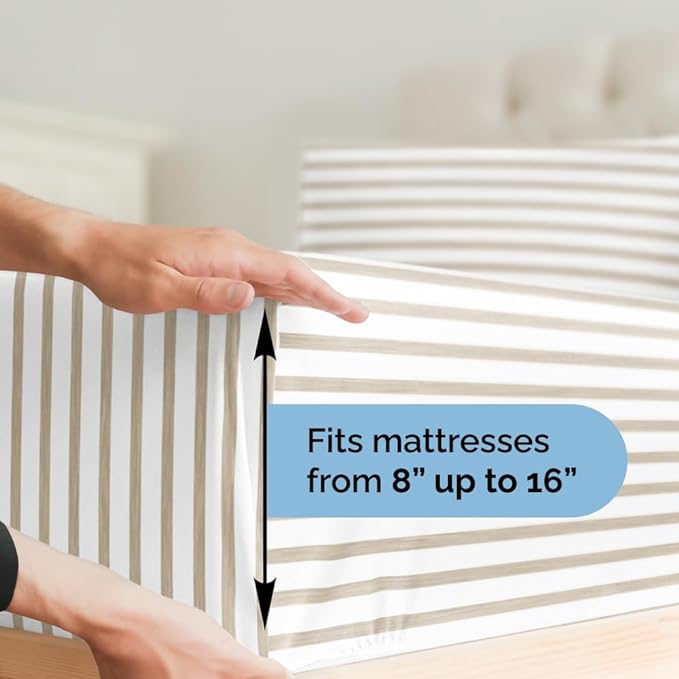 Twin Size 3 Piece Sheet Set - Comfy Breathable & Cooling Sheets - Hotel Luxury Bed Sheets for Women & Men - Deep Pockets, Easy-Fit, Soft & Wrinkle Free Sheets - Beige Stripes Oeko-Tex Bed Sheet Set - LeafyLoom