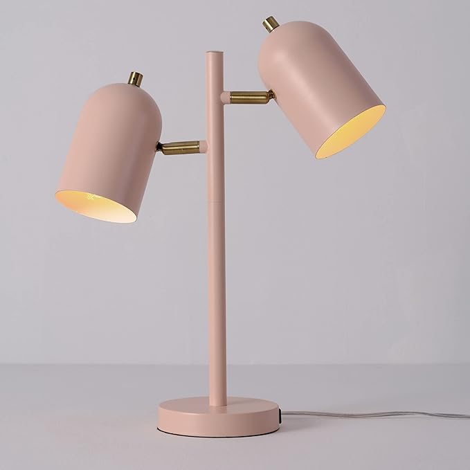 Globe Electric 30290 Carter 18" 2-Light Desk Lamp, Matte Pink, Matte Brass Accents, 2.1A USB Port, On/Off Rotary Switch on Each Shade - LeafyLoom