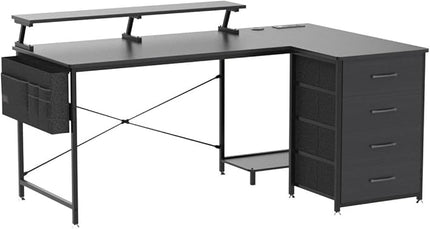 KKL 55 inch L Shaped Computer Desk with USB Charging Port & Power Outlet, L-Shaped Corner Desk with 4 Tier Drawer & Monitor Shelf for Home Office Workstation, Modern Style Writing Table, Black - LeafyLoom