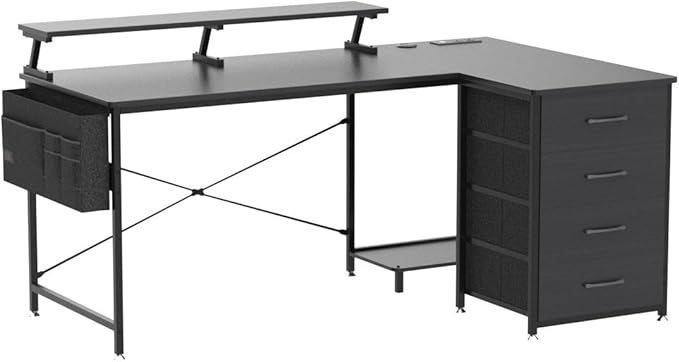 KKL 55 inch L Shaped Computer Desk with USB Charging Port & Power Outlet, L-Shaped Corner Desk with 4 Tier Drawer & Monitor Shelf for Home Office Workstation, Modern Style Writing Table, Black - LeafyLoom