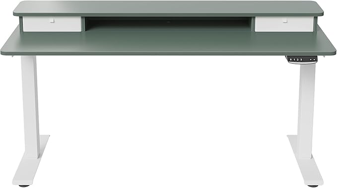 FEZIBO 60 x 24 Inch Height Adjustable Electric Standing Desk with Double Drawer, Stand Up Desk with Storage Shelf, Sit Stand Desk, Green - LeafyLoom