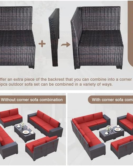 Patio Furniture Set Sofa 12-Pieces Wicker Sectional Sofa Set, Outdoor Furniture Rattan Patio Conversation Set with Thickened Cushions and Glass Coffee Tables, Red - LeafyLoom