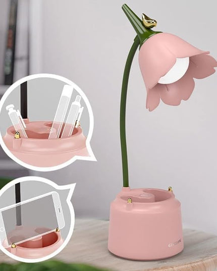 Pink Cute Desk Lamp for Kid, Rechargeable LED Lamp with USB Charging Port, Flexible Gooseneck, 3 Color Modes & Stepless Dimming, Table Lamp for College Dorm Bedroom Reading - LeafyLoom
