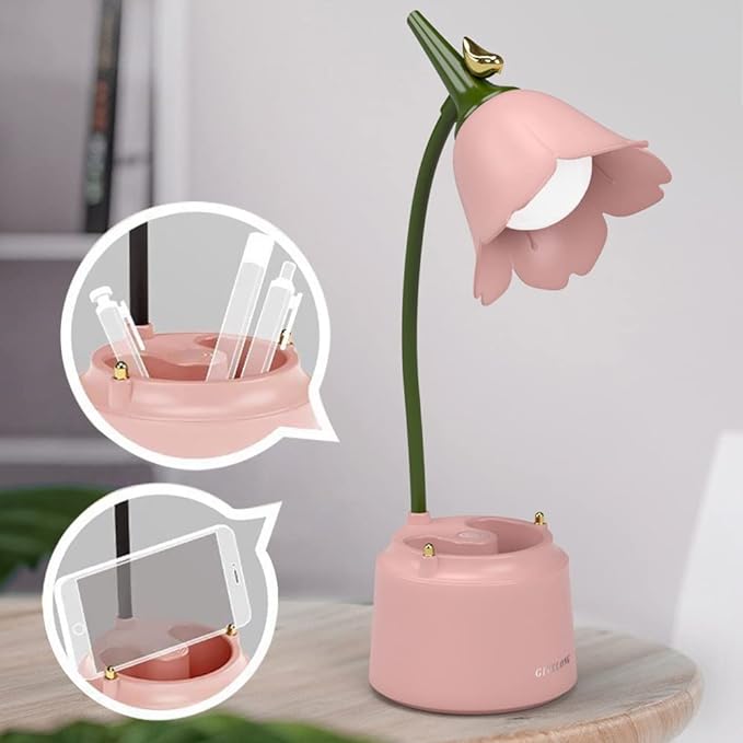Pink Cute Desk Lamp for Kid, Rechargeable LED Lamp with USB Charging Port, Flexible Gooseneck, 3 Color Modes & Stepless Dimming, Table Lamp for College Dorm Bedroom Reading - LeafyLoom