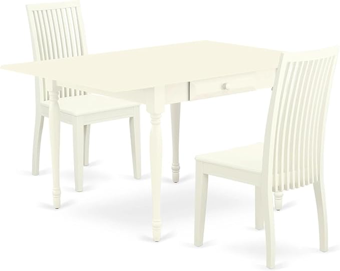 East West Furniture Monza 3 Piece Kitchen Set for Small Spaces Contains a Rectangle Room Table with Dropleaf and 2 Dining Chairs, 36x54 Inch, Linen White - LeafyLoom