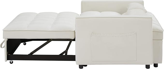 3 in 1 Convertible Loveseat Sleeper Sofa Bed,Modern Velvet Tufted Upholstered Love Seats Sofabed W/Pull Out Sleep Couch and 2 Pillows for Living Room, 55.21", Beige-1123 - LeafyLoom