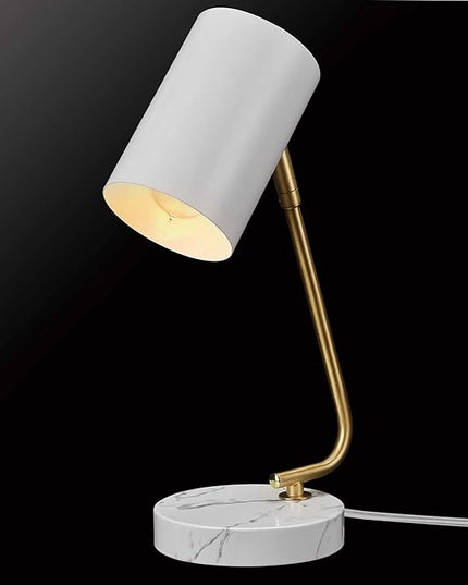 Globe Electric Novogratz x 65784 Athena 15" Desk Lamp, White Shade, Brass Arm, White Faux Marble Base - LeafyLoom