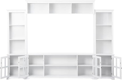 Merax Minimalism Style Entertainment Wall Unit with Bridge, Multifunctional TV Stand with Tempered Glass Door Modern Console Table for Televisions Up to 70”, 104.3 inch Length, White - LeafyLoom