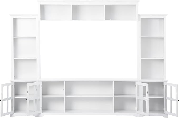 Merax Minimalism Style Entertainment Wall Unit with Bridge, Multifunctional TV Stand with Tempered Glass Door Modern Console Table for Televisions Up to 70”, 104.3 inch Length, White - LeafyLoom