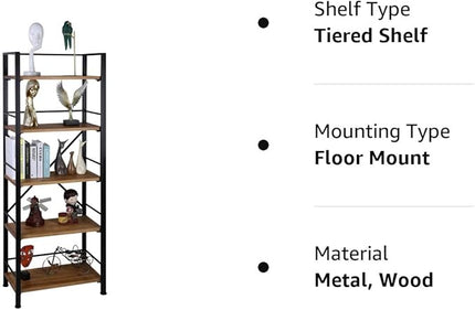 Rustic Bookshelf, 5 Tier Real Wood Bookshelf, Metal Book Shelf for Storage, Black Bookcase, 12.6" D x 23.62" W x 64.17" H - LeafyLoom